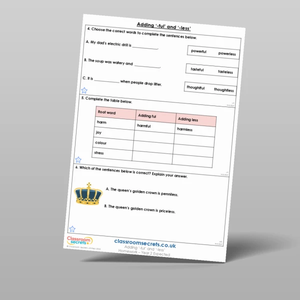 An image of the Adding '-ful' and '-less' Homework Resource
