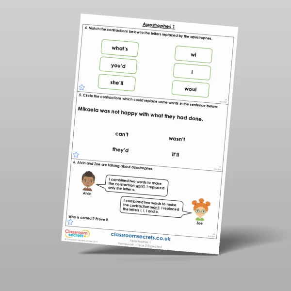 An image of the Apostrophes 1 Homework Resource