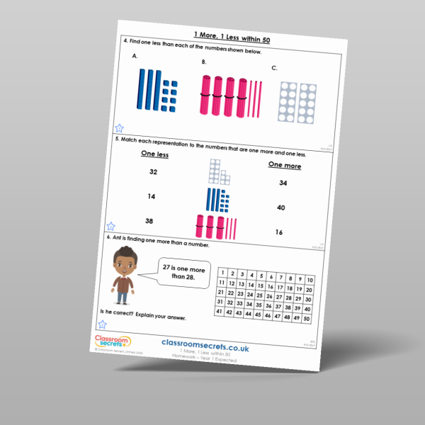 1 More, 1 Less within 50 Homework Resource | Classroom Secrets