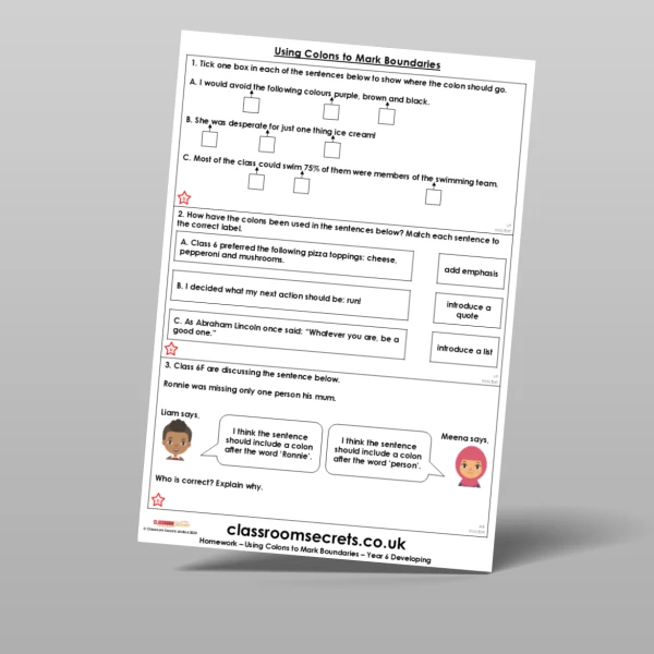An image of the Using Colons to Mark Boundaries Homework Resource