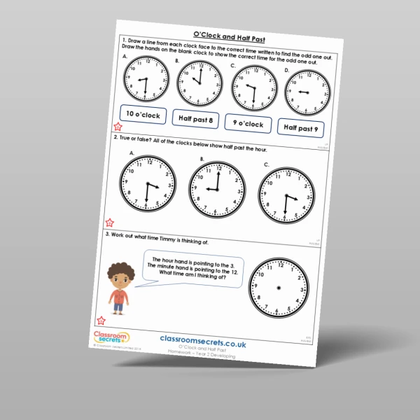 An image of the O'Clock and Half Past Homework Resource