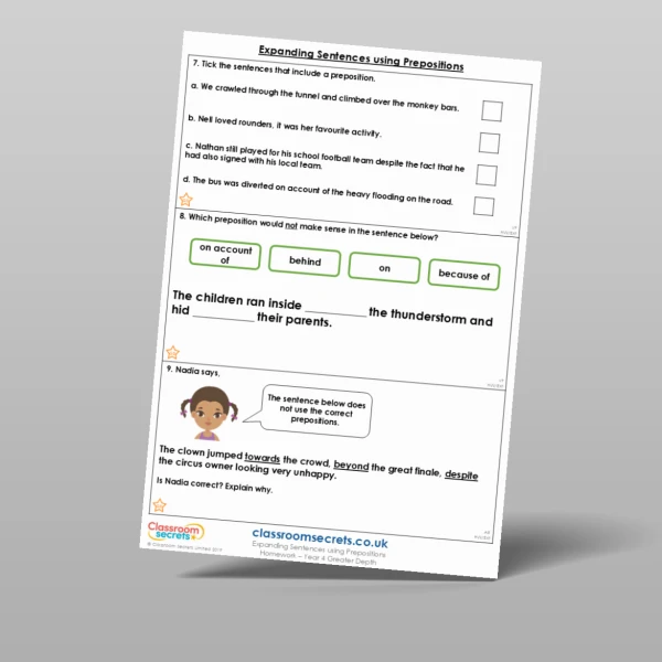 An image of the Expanding Sentences using Prepositions Homework Resource