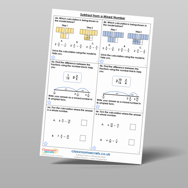 Year 5 Subtract From A Mixed Number Varied Fluency Resource | Classroom ...