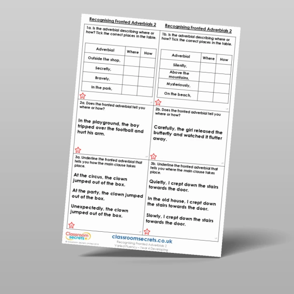 An image of the Recognising Fronted Adverbials 2 Varied Fluency Resource