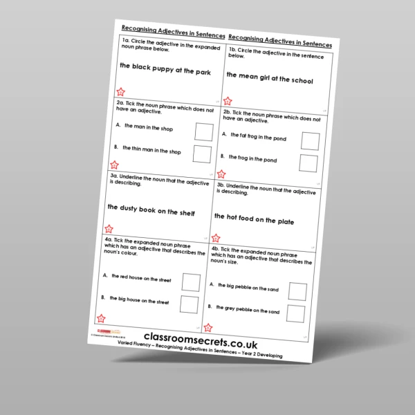An image of the Recognising Adjectives in Sentences Varied Fluency Resource