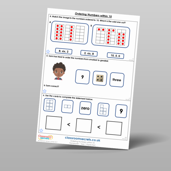Year 1 Ordering Numbers Within 10 Homework Resource Classroom Secrets