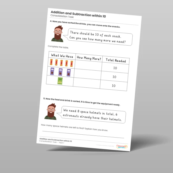 An image of the Addition and Subtraction within 10 Consolidation Task Resource