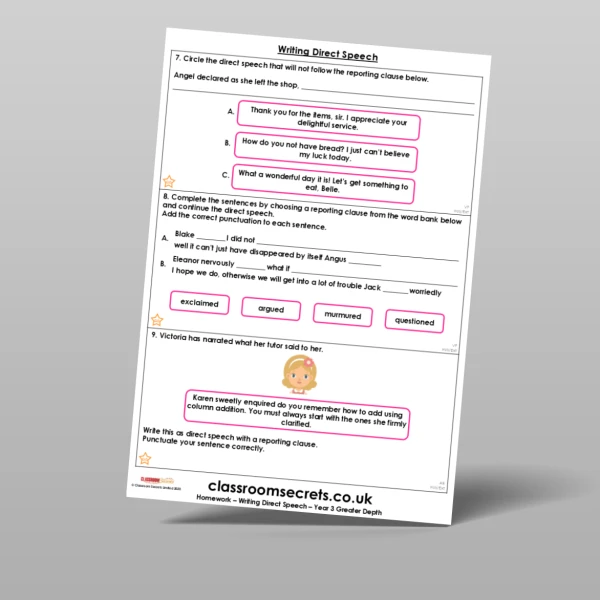 An image of the Writing Direct Speech Homework Resource