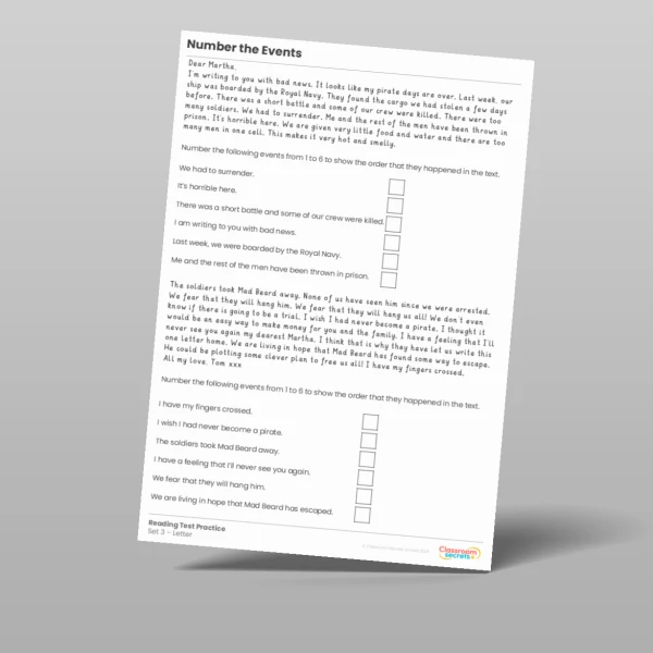 An image of the Number the Events Reading Test Practice Resource