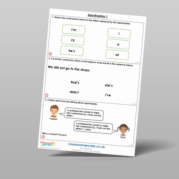 An image of the Apostrophes 1 Homework Resource