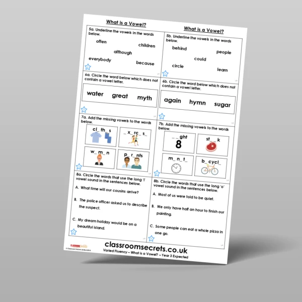 An image of the What is a Vowel? Varied Fluency Resource