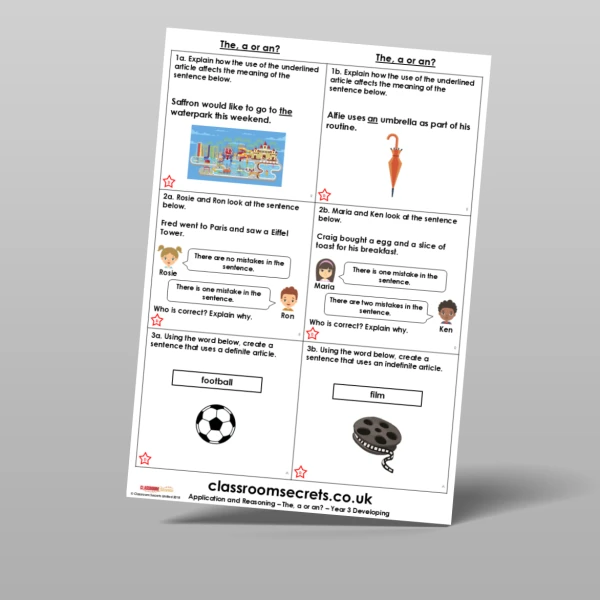 An image of the The, a or an? Application and Reasoning Resource