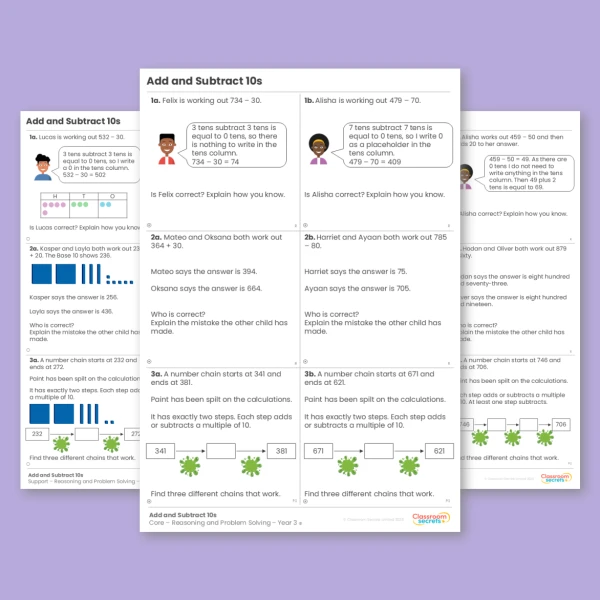 An image of the Add and Subtract 10s Reasoning and Problem Solving Resource