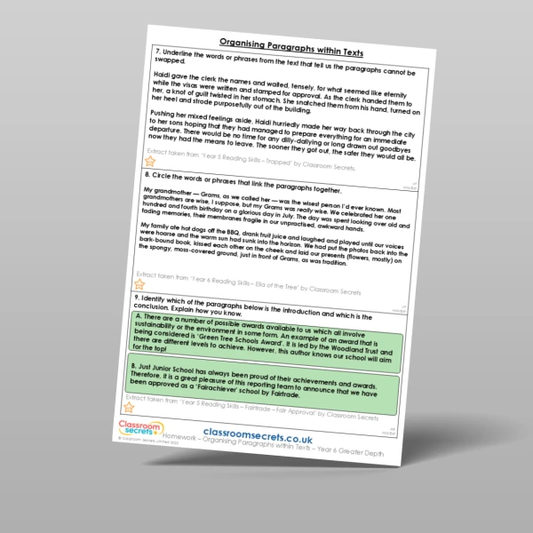 An image of the Organising Paragraphs within Texts Homework Resource