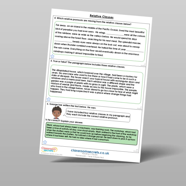 An image of the Relative Clauses Homework Resource
