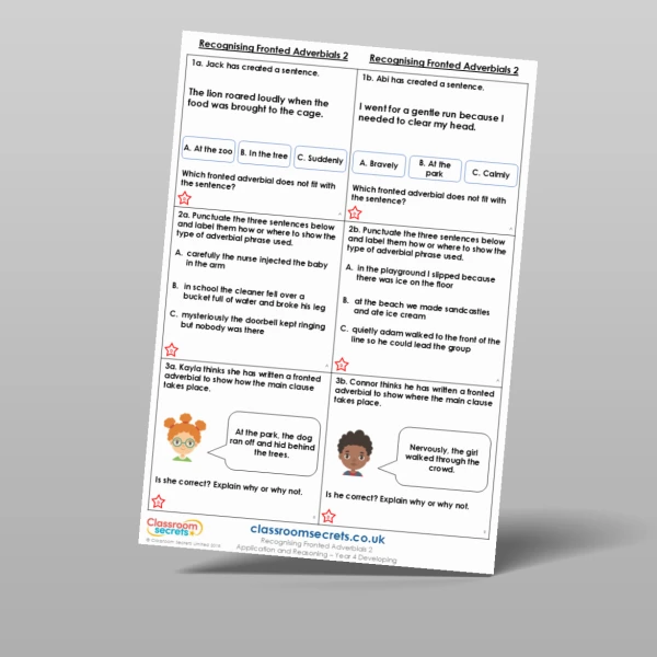 An image of the Recognising Fronted Adverbials 2 Application and Reasoning Resource