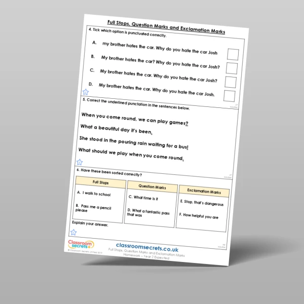 An image of the Full Stops, Question Marks and Exclamation Marks Homework Resource