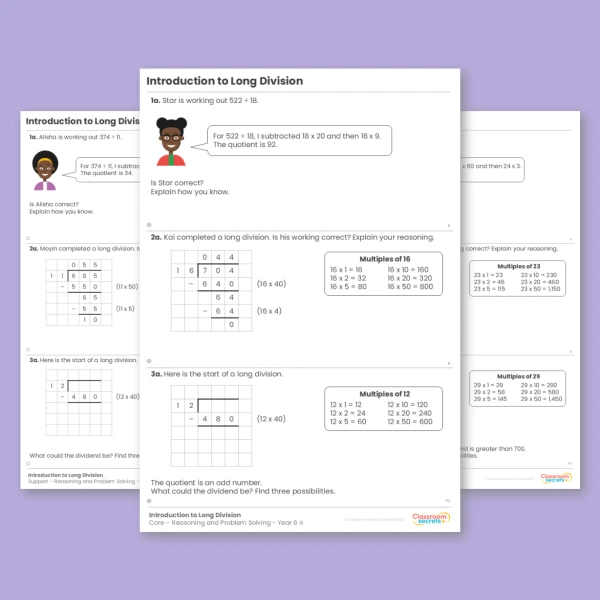 Year 6 Introduction to Long Division Addition, Subtraction, Multiplication and Division Reasoning and Problem Solving