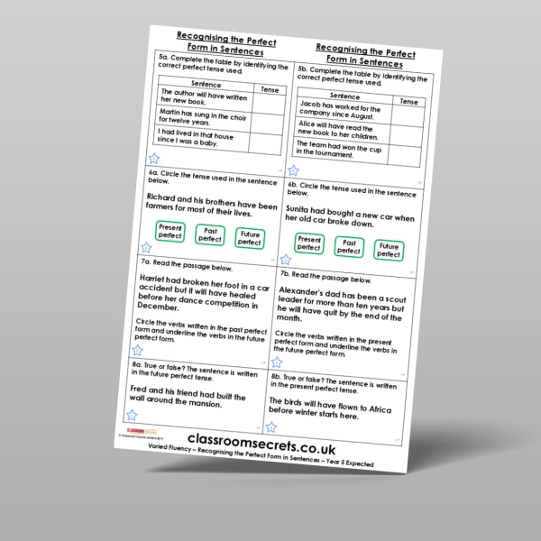 An image of the Recognising the Perfect Form in Sentences Varied Fluency Resource