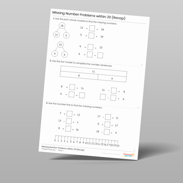 Year 1 Missing Number Problems Within 20 Recap Varied Fluency Resource ...