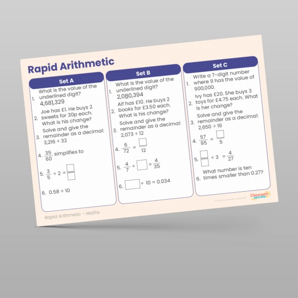 An image of the Spring 1 Week 6 Rapid Arithmetic Resource