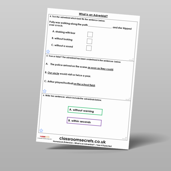 Year 4 What Is An Adverbial Homework Resource | Classroom Secrets