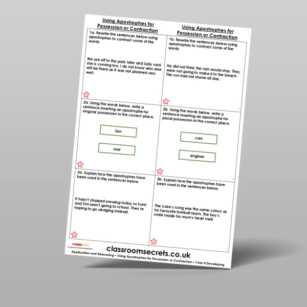 An image of the Using Apostrophes for Possession or Contraction Application and Reasoning Resource