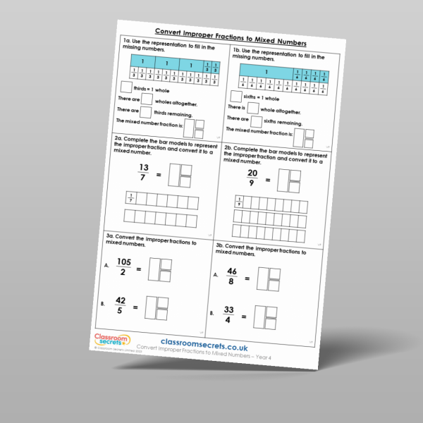 Year 4 Convert Improper Fractions To Mixed Numbers Varied Fluency ...