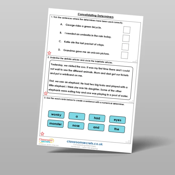 An image of the Free Consolidating Determiners Homework Resource