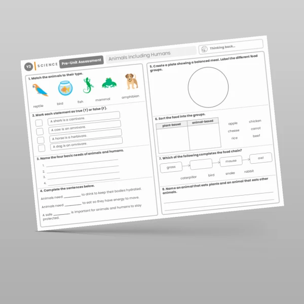 An image of the Animals Including Humans Pre-Unit Assessment Resource