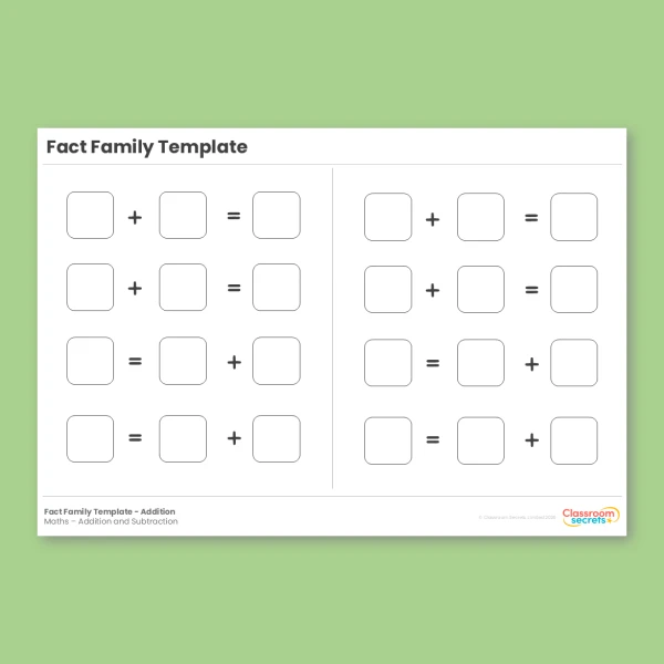 Year 1 Fact Families Addition Facts Addition and Subtraction within 10 Template