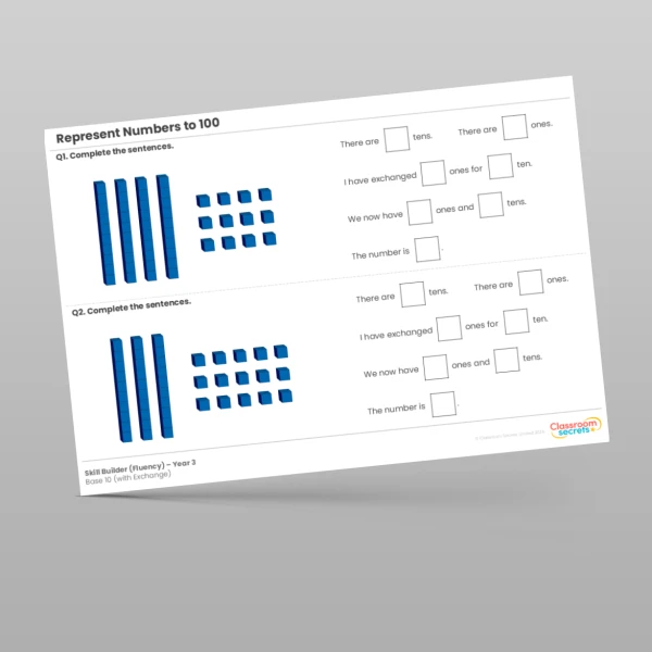 An image of the Represent Numbers to 100 Base 10 (with Exchange) Skill Builder Resource