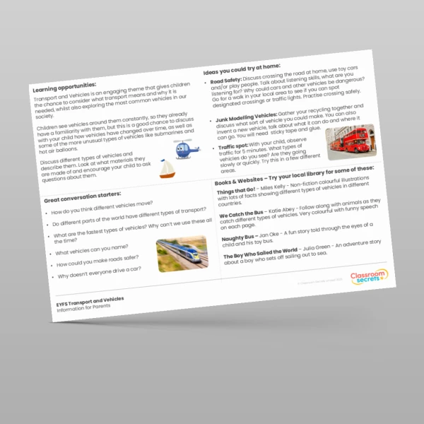 An image of the Transport and Vehicles Information for Parents Resource