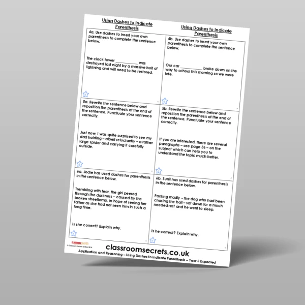An image of the Using Dashes to Indicate Parenthesis Application and Reasoning Resource