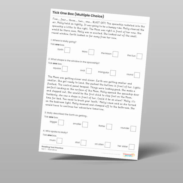An image of the Tick One Box Multiple Choice Reading Test Practice Resource
