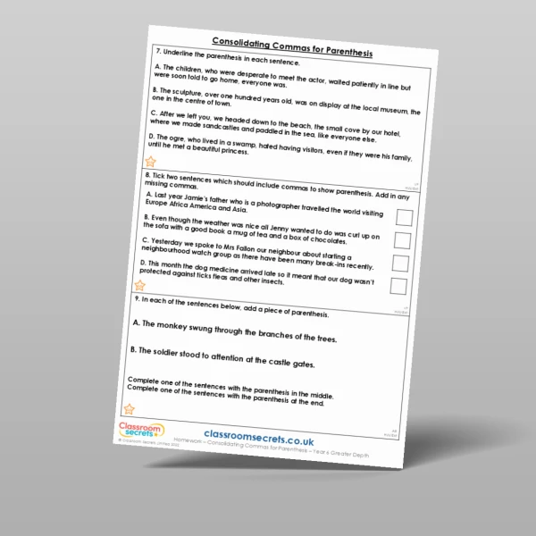 An image of the Consolidating Commas for Parenthesis Homework Resource