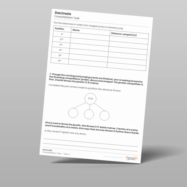 An image of the Decimals Consolidation Task Resource