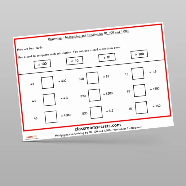 An image of the Multiplying and Dividing by 10, 100 and 1000 Reasoning Test Practice Resource