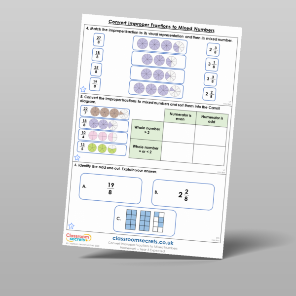 Year 5 Convert Improper Fractions To Mixed Numbers Homework Resource ...