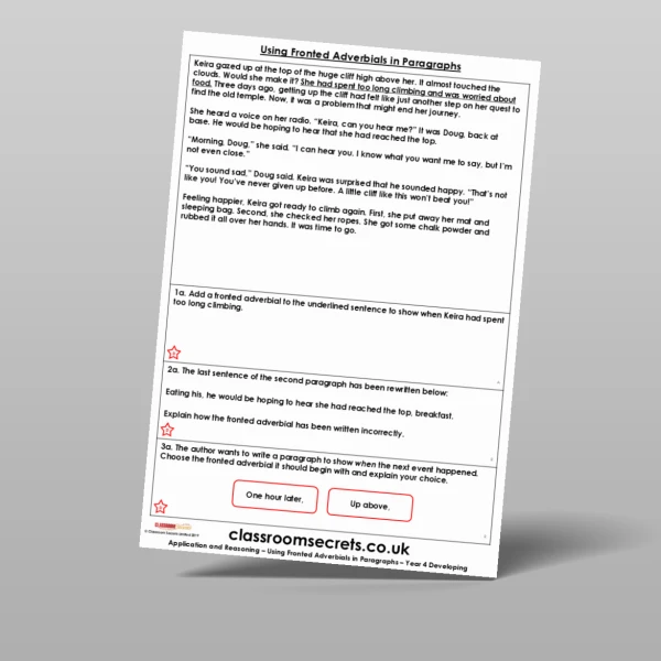 An image of the Using Fronted Adverbials in Paragraphs Application and Reasoning Resource