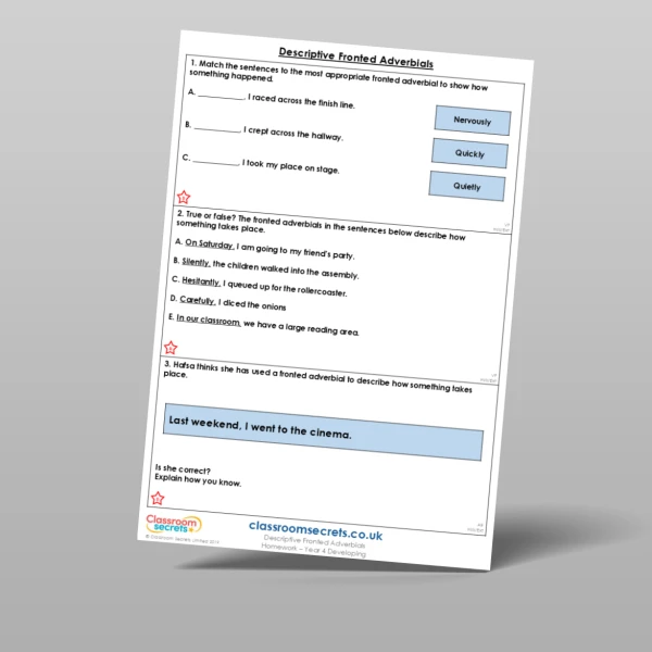 An image of the Descriptive Fronted Adverbials Homework Resource