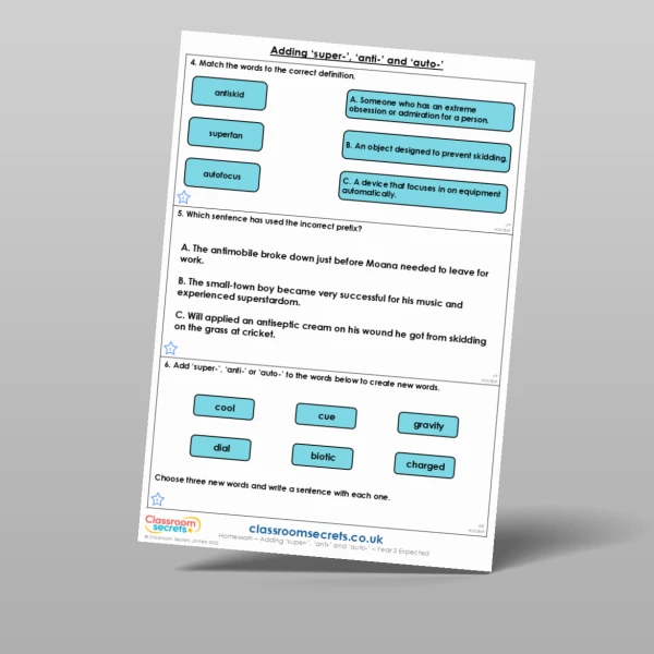 An image of the Adding ‘super-’, ‘anti-’ and ‘auto-’ Homework Resource