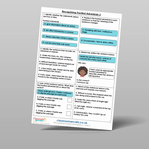 An image of the Recognising Fronted Adverbials 2 Mixed Activity Resource