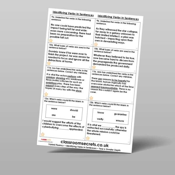 An image of the Free Identifying Verbs in Sentences Varied Fluency Resource