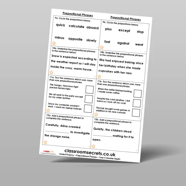 An image of the Prepositional Phrases Varied Fluency Resource