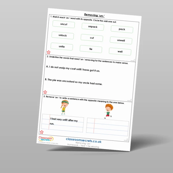 An image of the Removing 'un-' Homework Resource
