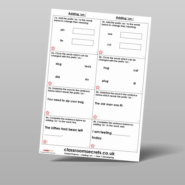 An image of the Adding 'un-' Varied Fluency Resource