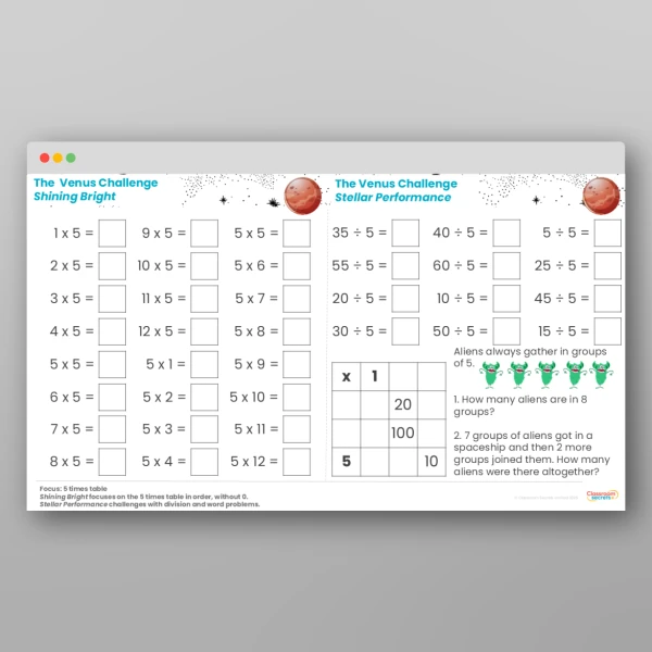 An image of the Challenge 3 Venus 5 Times Table Resource
