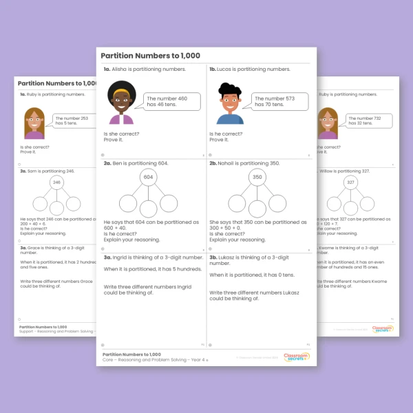 Year 4 Partition Numbers to 1,000 Place Value Reasoning and Problem Solving