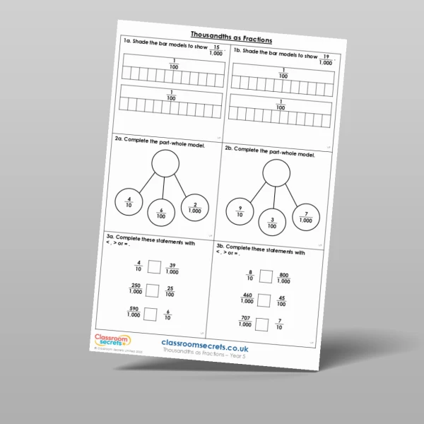 An image of the Thousandths as Fractions Varied Fluency Resource